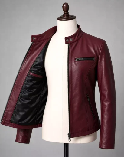 RE2 Claire red leather jacket shown open on mannequin with black inner lining, front zipper, pockets and handmade women’s biker jacket details