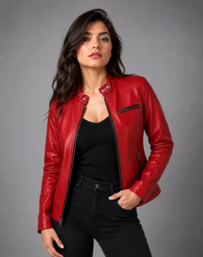 Claire Redfield inspired red leather jacket worn by a woman, featuring a stylish motorcycle silhouette and gamer cosplay aesthetic, perfect for Resident Evil cosplay costume and Halloween.