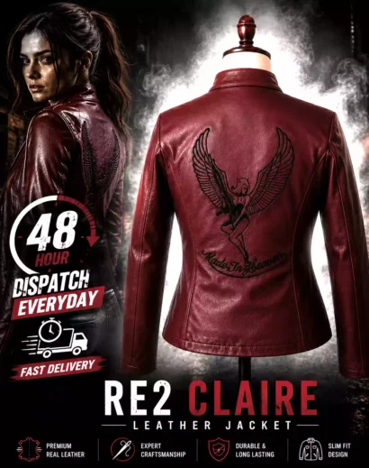 RE2 Claire Red Leather Biker Jacket promotional image showing front and back views, handmade women’s gamer cosplay jacket with bold red leather finish