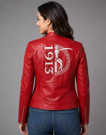 Red Delta Sigma Theta line jacket shown from the back with bold 1913 embroidered design, padded detailing, and red leather construction.