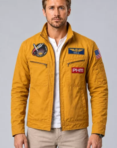 Ryan Gosling Project Hail Mary jacket in mustard yellow cotton with embroidered Grace and PHM patches, front view space mission bomber jacket for cosplay.