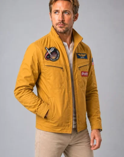 Ryan Gosling yellow astronaut jacket shown from the side, featuring embroidered Project Hail Mary details, Grace patch, cotton construction and casual cosplay coat styling.