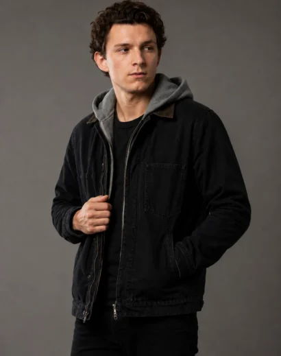 Spider Man Brand New Day Jacket | Peter Benjamin Parker Inspired Black Hooded Denim Jacket styled as a men's black denim jacket with gray hoodie and urban fashion jacket for everyday wear.