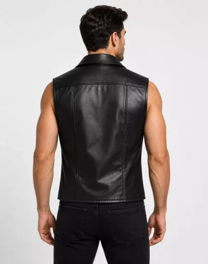 Back view of Spider-Man Noir leather vest cosplay, handmade Spider-Man Noir black real leather vest, black leather vest men with vintage comic-inspired styling.