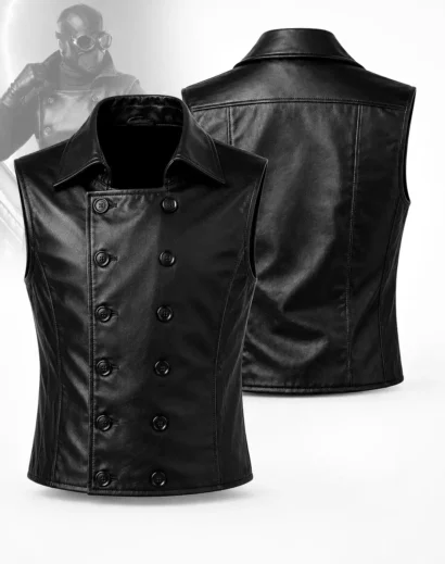 Spider Noir Black Leather Vest front view, double breasted cosplay waistcoat, comic inspired sleeveless jacket in real sheepskin leather for Spider Man Noir cosplay.