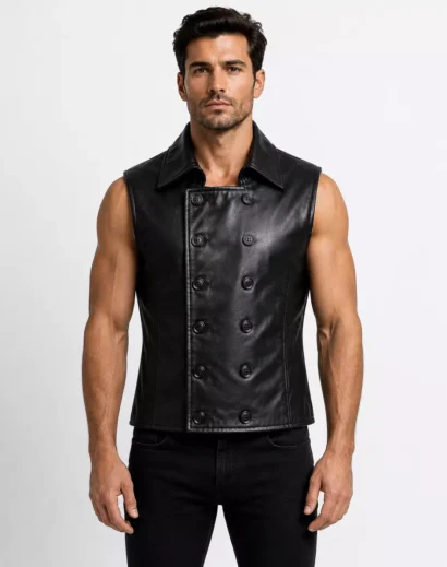 Male model wearing Spider Noir leather vest, Nicolas Cage inspired Spider Noir costume Halloween, black leather waistcoat men for gothic vest men fashion.