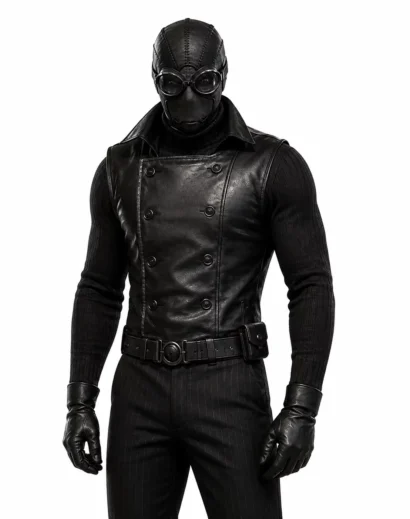 Spider Web Noir Black Leather Cosplay Vest with double breasted design, Spider Man Noir suit inspired real leather vest men for comic cosplay and conventions.