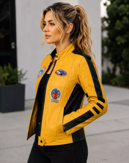 Uma Thurman Yellow Suit with yellow leather jacket and matching pants