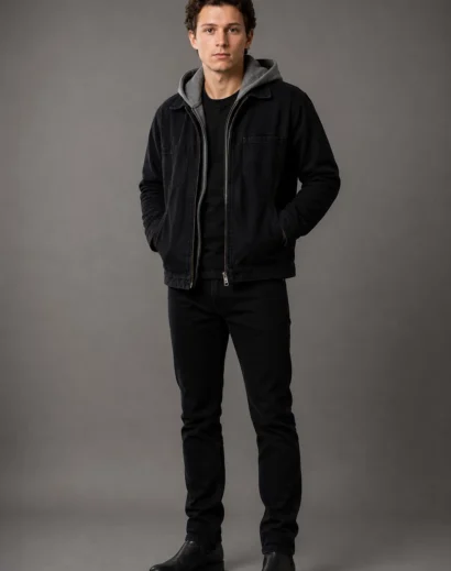 Vintage black denim jacket men full body front showcasing a black jacket for men with denim jacket with sweatshirt hood for casual streetwear styling.