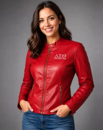 Women red leather jacket with Delta Sigma Theta embroidery, worn open by a model as a stylish moto leather jacket for women.