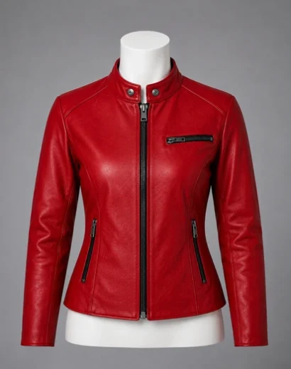 Women’s red leather biker jacket inspired by RE2 Claire, featuring a fitted cafe racer design, zippered pockets and classic motorcycle jacket details for cosplay and everyday streetwear.