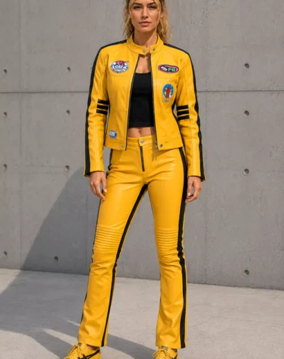 Women's yellow motorcycle jacket for a Kill Bill inspired Halloween costume