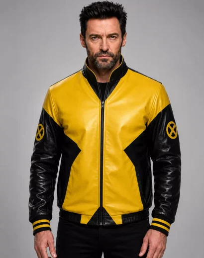 X-Men inspired mutant leather jacket in yellow and black, front view, featuring a superhero bomber design, sleeve emblems, and leather detailing.