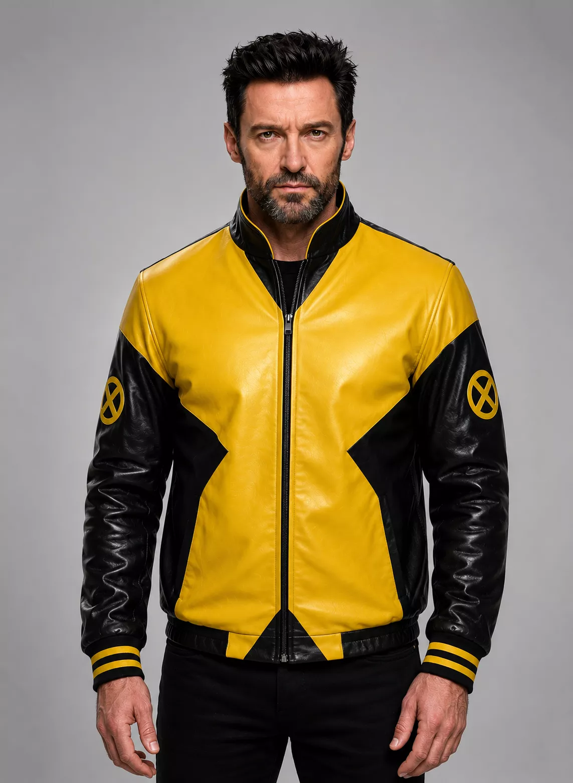 x-men-inspired-mutant-yellow-black-leather-jacket-front X-Men inspired mutant leather jacket in yellow and black, front view, featuring a superhero bomber design, sleeve emblems, and leather detailing.