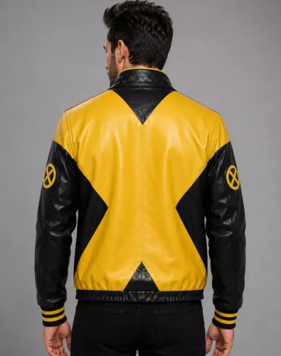 x-men-mutant-bomber-leather-jacket-back X-Men mutant bomber leather jacket back view featuring the bold yellow and black X-inspired design, sleeve emblems, and premium superhero leather outerwear styling.