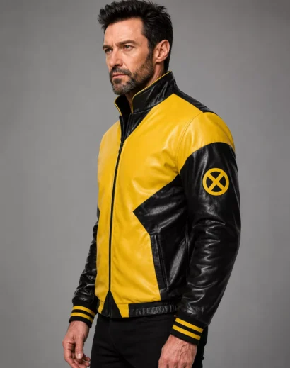 x-men-mutant-leather-jacket-side-profile X-Men mutant leather jacket shown in left side profile, highlighting the yellow and black panels, high collar, leather sleeves, and men's biker leather jacket style.