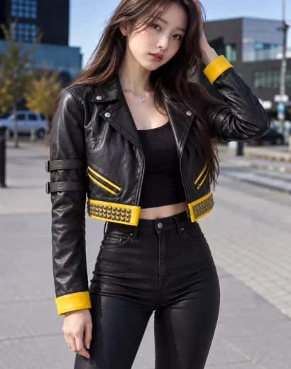 Woman wearing a black yellow cropped leather biker jacket with studded hem and yellow trim