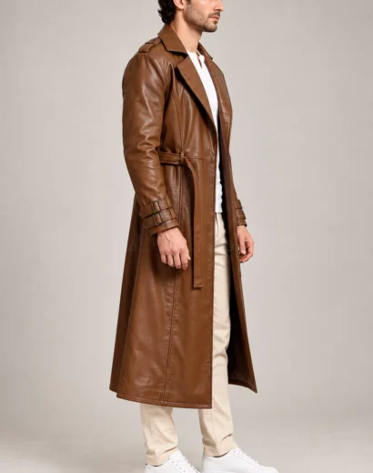 brown-leather-trench-coat-men-side-view Brown leather trench coat men side view featuring long leather coat styling, belted waist and detailed padded lapel