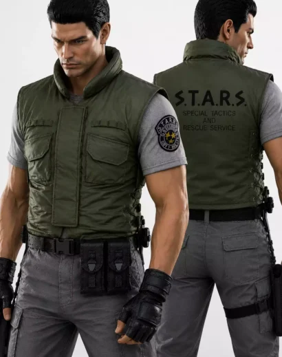 Chris Redfield STARS Tactical Vest shown in front and back views for Resident Evil cosplay