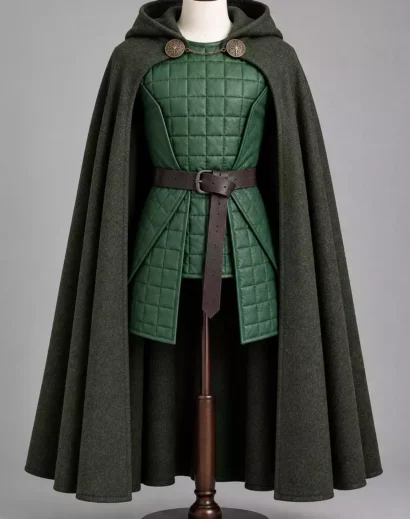 doctor-doom-armor-vest-wool-cloak-mannequin Doctor Doom armor vest and green wool cloak displayed on a mannequin showing the layered leather armor and medieval costume design