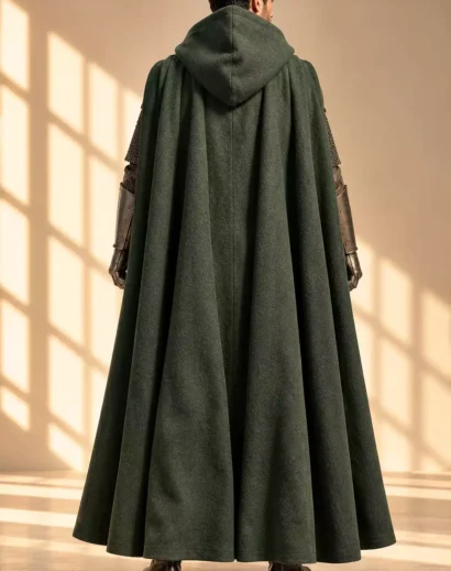 doctor-doom-cosplay-suit-men Doctor Doom cosplay suit for men featuring a green hooded cloak, leather armor, warrior vest and Renaissance cosplay costume details
