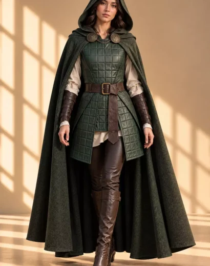 doctor-doom-cosplay-women-green-cloak Doctor Doom cosplay suit for women featuring a green hooded cloak, leather armor vest and fantasy warrior costume styling