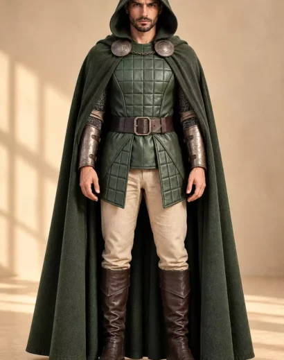 Handmade Dark Masked Villain Style Doom Costume Set for men featuring a green hooded cloak, leather armor vest and warrior styling