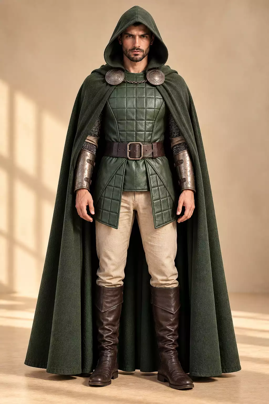 doctor-doom-costume-set-men-green-wool-cloak Handmade Dark Masked Villain Style Doom Costume Set for men featuring a green hooded cloak, leather armor vest and warrior styling