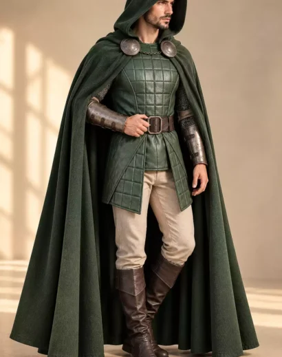 doctor-doom-leather-armor-vest-men Doctor Doom leather costume featuring detailed green leather armor, leather vest, belt and medieval warrior costume styling