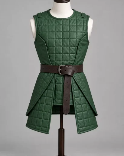 green-hooded-cloak-leather-vest-mannequin Green hooded cloak and leather vest displayed on a mannequin for a medieval hooded costume and fantasy warrior outfit