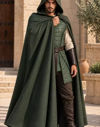green-hooded-cloak-men-medieval-warrior Green hooded cloak men wearing a medieval green cloak with leather armor for a fantasy warrior costume