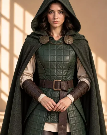 green-medieval-cloak-women-fantasy-warrior Green medieval cloak for women paired with leather armor and a fantasy warrior costume for medieval festival and cosplay events