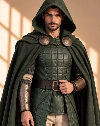 halloween-doctor-doom-costume-men Halloween costume men featuring a Doctor Doom inspired green wool cloak, leather armor and fantasy warrior costume design