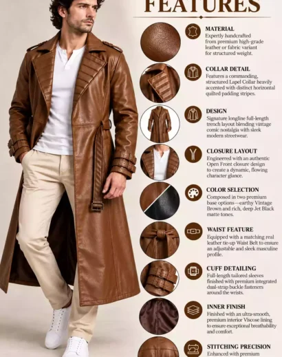 handmade-gambit-leather-trench-coat-product-features Handmade Gambit-inspired leather trench coat product features showing brown and black longline leather coat options, padded lapel, belt and buckle cuffs