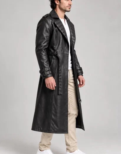 long-black-leather-trench-coat-men-side Long black leather trench coat men side view with full length design, structured lapel and belted waist