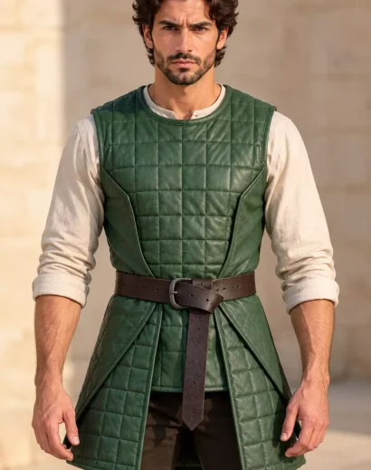 medieval-armor-suit-men-green-cloak Medieval armor suit men styled with a green wool cloak, leather ranger costume details and fantasy warrior costume design