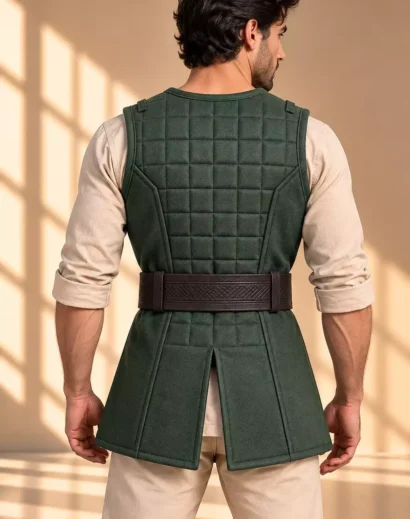 medieval-hooded-costume-men-green-cloak Medieval hooded costume for men with a green medieval cloak, leather armor and dark fantasy warrior styling