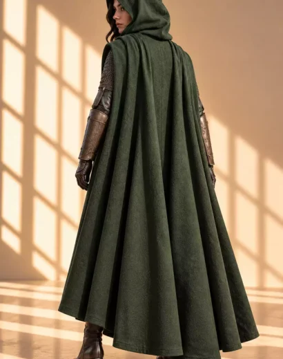 medieval-warrior-costume-women-hooded-cloak Medieval warrior costume for women featuring a hooded wool cloak, leather ranger costume details and fantasy cosplay styling