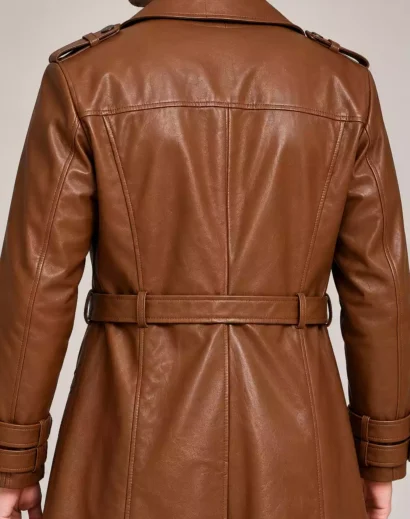 mens-belted-brown-leather-coat-details Mens belted brown leather coat showing quilted lapel, double buckle cuffs and premium leather detailing