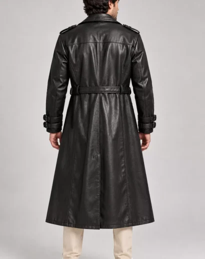 mens-black-leather-long-coat-back-view Mens black leather long coat back view featuring full length construction, waist belt and reinforced vertical stitching