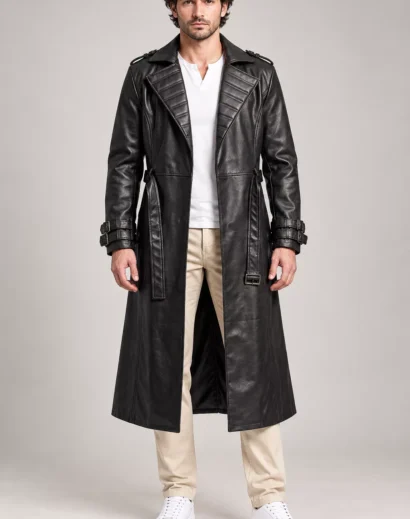 mens-black-leather-trench-coat-gambit Mens black leather trench coat with padded lapel, longline silhouette and open front inspired by comic gaming style