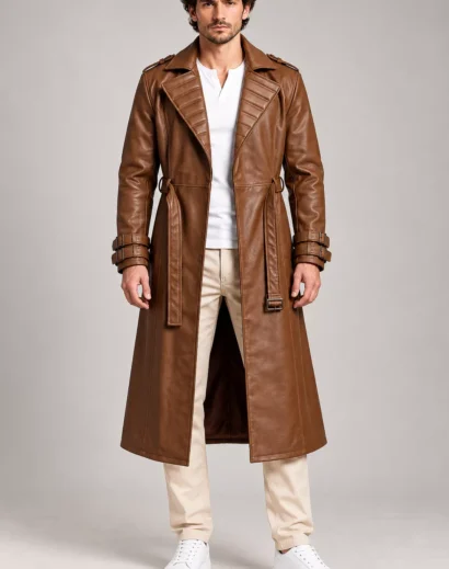 Handmade Gambit-inspired mens brown leather trench coat with padded lapel, longline full length design and belted waist