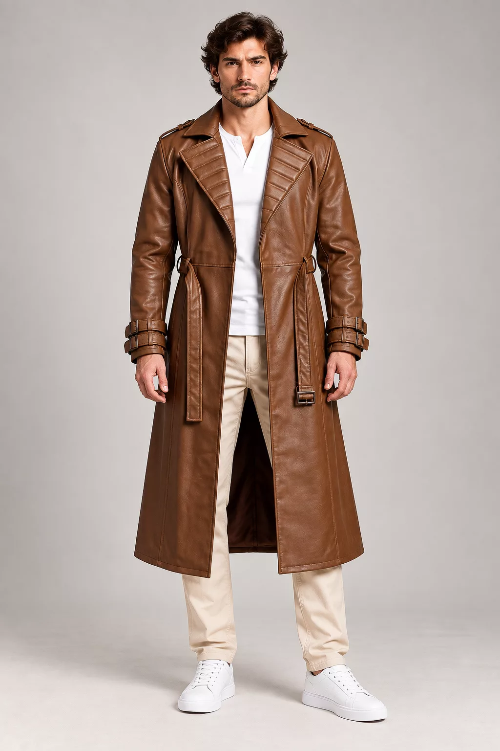 mens-brown-leather-trench-coat-gambit-longline Handmade Gambit-inspired mens brown leather trench coat with padded lapel, longline full length design and belted waist