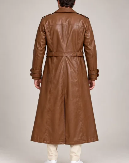 mens-long-brown-leather-coat-back Mens long brown leather coat back view with full length tailoring, belt detail and precision vertical seams
