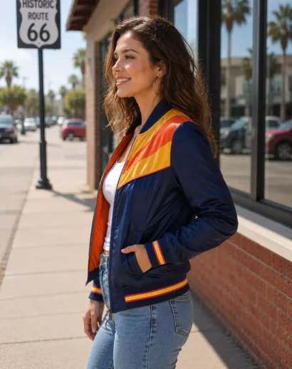 Side profile of a woman wearing a navy retro sunset bomber jacket with orange and yellow accents