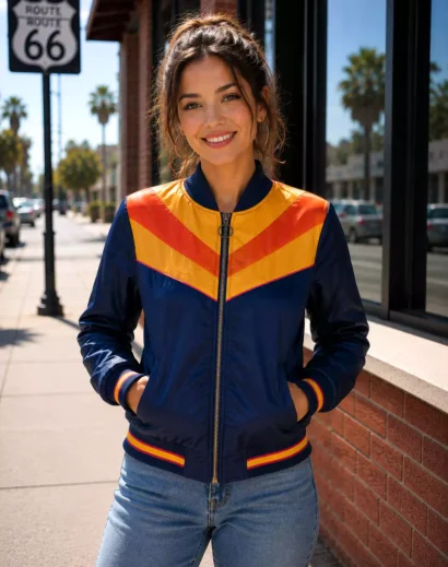 Woman wearing a retro sunset bomber jacket with navy, orange and yellow colorblock design