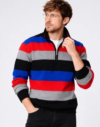 Ryan Gosling striped sweater with red, blue, gray, and black horizontal stripes