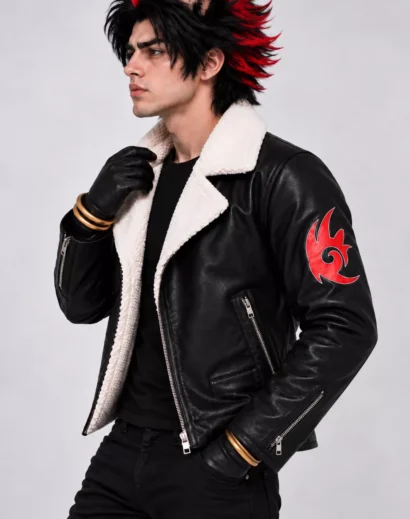 Man wearing a Shadow cosplay faux fur leather jacket with sherpa collar and flame emblems for gaming cosplay