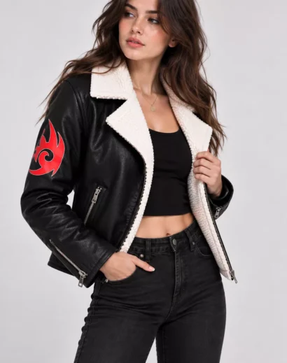 Woman wearing a Shadow cosplay jacket with black faux leather, soft sherpa collar, and red flame accents