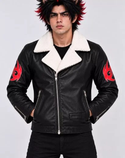 Man modeling a Shadow the Hedgehog black jacket with red sleeve accents, sherpa collar, and silver zippers